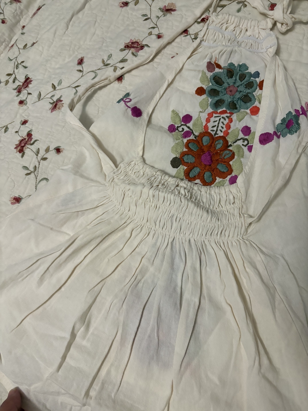 MEXICANA White Cotton Top with Multicolor Floral HAND Embroidery - Picture 3 of 16